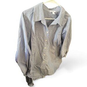 Roz & Ali Button Up Top Women's 2X White + Blue Striped Tie Sleeve